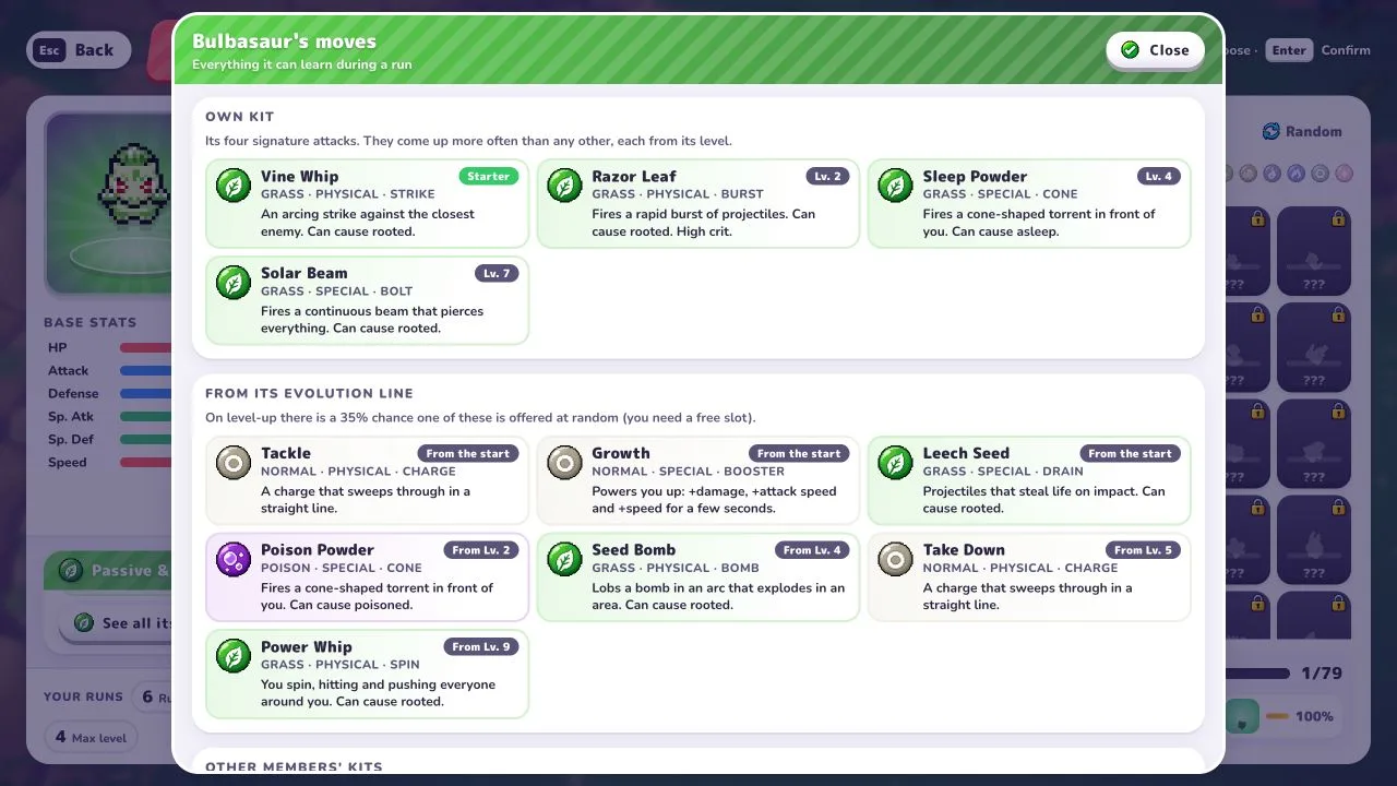 Original v0.6.3 complete move-reference panel: Bulbasaur