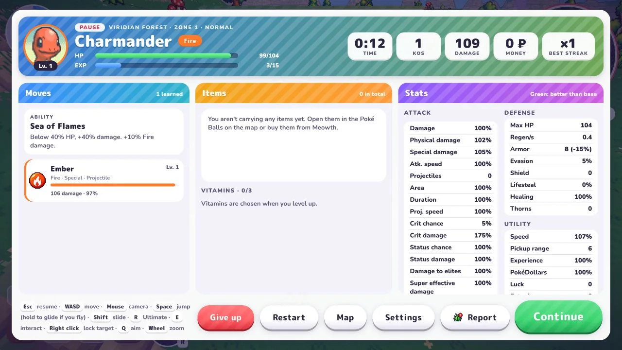 Charmander’s level-1 pause screen shows Ember, the Fire damage bonus and 107 percent speed