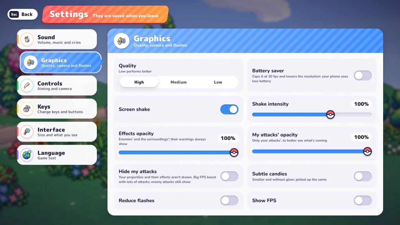 Graphics in v0.6.2 mit Battery saver, Sichtbarkeit eigener Angriffe und Show FPS