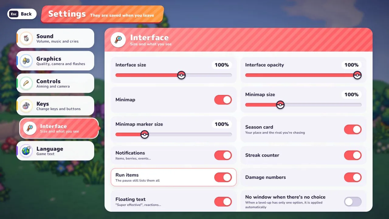 Original v0.6.4 Interface settings with Run items restored to on after our reload-persistence check