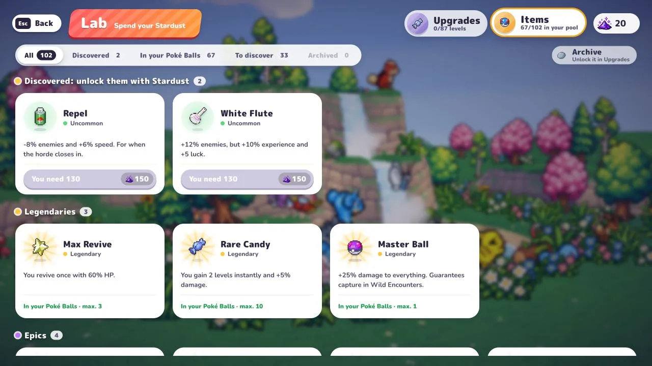 Original v0.6.3 Lab catalog showing selected item effects and maximum quantities
