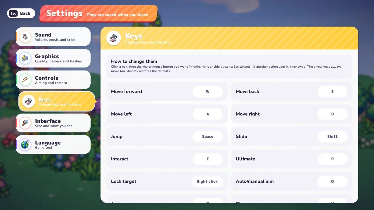 Keys in v0.6.2 zeigt Q für Auto/manual aim, T für Auto-run und M für Big map