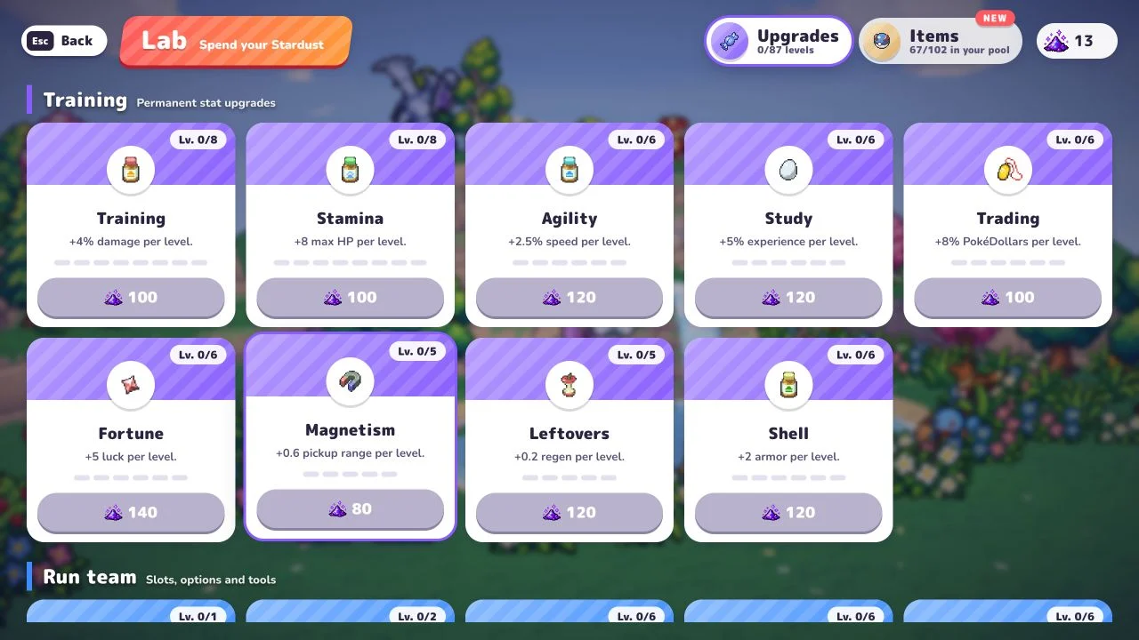 The original Lab Training cards at level zero with first-level Stardust costs