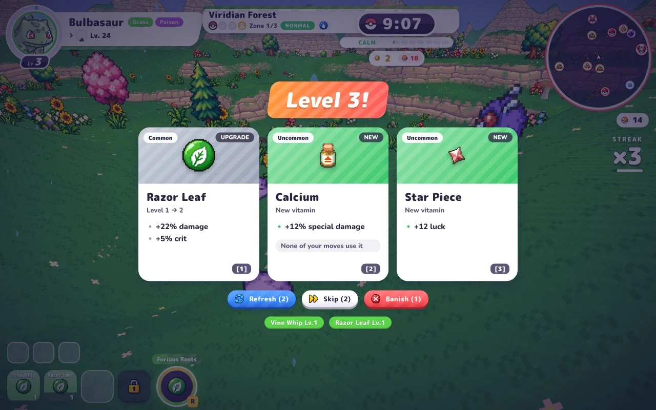 Razor-Leaf-Karte von Lv.1 auf Lv.2
